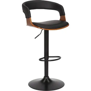 Barová židle Retro otočná barová židle Norwich s nízkou opěrkou a černým koženým čalouněním s hnědým dřevěným detailem 50 cm