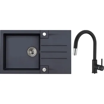 Granitový dřez Alveus Set Rock 130 Granitový dřez s odkapem 780x480 mm + baterie Delos 91, černá, SETA22223