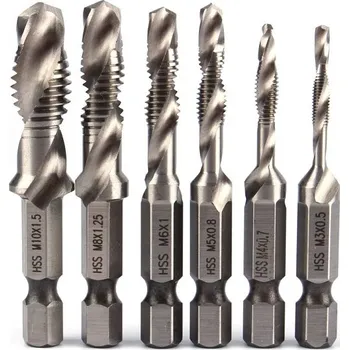 Závitořezný nástroj 6ks M3-M10 Šroubové vrtáky, Hss Závitníky, zahloubení, zahloubení, sada metrických kombinací bitů, vysokorychlostní ocel, 1/4 IN, rychlá výměna, hex.