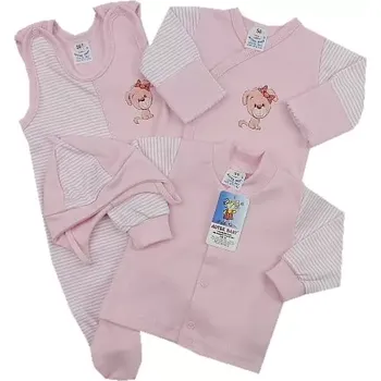 Kojenecká souprava 4-dílná soupravička do porodnice růžová pásky štěňátko velikost 62