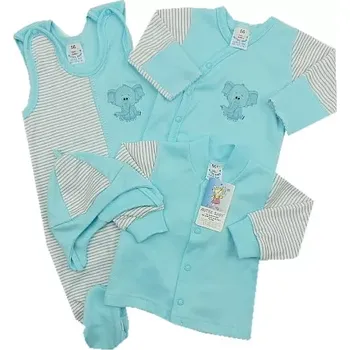 Kojenecká souprava 4-dílná soupravička do porodnice tyrkysová proužek sloník velikost 50