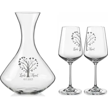 Sklenice Svatební set na víno 1+2, s motivem Strom lásky, 3 ks (Do poznámky v nákupním košíku napište jména novomanželů a datum svatby)
