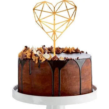 Diamantové srdce na dort (akryl), zlaté, 16x10 cm