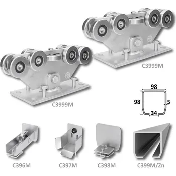 Pohon brány sada pro nesenou bránu C Set Medio 9/Zn - kování pro posuvné brány, C profil zinkovaný 98 x 98 x 5 mm, 6 m, 2 x vozík 9 kol., kapsa, kolo, uzávěr