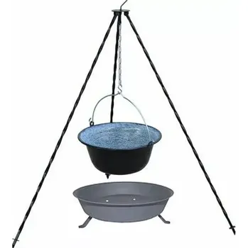 Kempingové nádobí Souprava trojnožka 1 m kotlík smalt 10 l ohniště (trojnožka 1 m + gulášový kotlík smaltovaný 10 L - sada pro malou partu na vaření v přírodě)