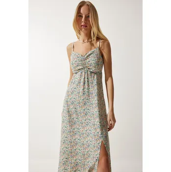 Dámské šaty Šaty z viskózy s popruhy a vzorem v barvách krémové a zelené pro ženy od značky Happiness İstanbul Happiness İstanbul šedá 2679552