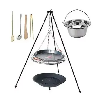 Grilovací rošt Set 3 v 1, trojnožka 1,25 m, grilovací rošt 50 cm a Paella pánev 40 cm a kotlík s poklicí 10 L nerez (grilovací rošt 50 cm s ocelovou Paella pánví 40 cm na trojnožce 1,25 m a kotlík s poklicí 10 L nerez s ohništěm)