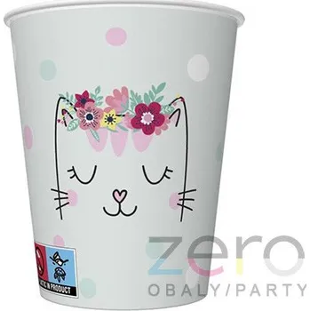 Jednorázové nádobí Pohárek (kelímek) nápojový papírový 0,25 l (8 ks) - kočka s věnečkem