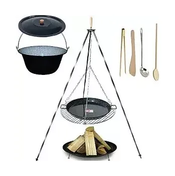 Grilovací rošt Set 3 v 1, trojnožka granit 1,5 m, rošt 60 cm a Paella pánev 50 cm, smaltovaný kotlík s poklicí 16 L a ohniště (grilovací rošt 60 cm s Paella pánví 50 cm smaltovanou na trojnožce 1,5 m granit, smaltovaný kotlík s poklicí 16 L s ohništěm a příslušenstvím)