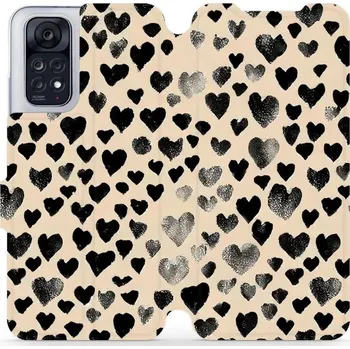 Pouzdro na mobilní telefon Flipové pouzdro Mobiwear - Xiaomi Redmi Note 11 / 11S - VA51S Černá srdíčka (Knížkové flip pouzdro, obal, kryt na mobil Xiaomi Redmi Note 11 / 11S - VA51S Černá srdíčka, materiál Umělá kůže + TPU - ochrana 360°, stojánek, silikonová vanička, magnetické)