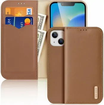 Pouzdro na mobilní telefon Pěkné kožené flip pouzdro Dux Ducis Hivo na mobil Apple iPhone 15 Plus Hnědé (Flipové knížkové vyklápěcí pouzdro Dux Ducis Hivo na mobilní telefon Apple iPhone 15 Plus Hnědé)