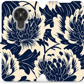 Pouzdro na mobilní telefon Flipové pouzdro Mobiwear - Nokia 5.3 - VA40S Modré a béžové květy (Knížkové flip pouzdro, obal, kryt na mobil Nokia 5.3 - VA40S Modré a béžové květy, materiál Umělá kůže + TPU - ochrana 360°, stojánek, silikonová vanička, magnetické zavírání)