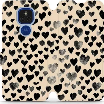 Pouzdro na mobilní telefon Flipové pouzdro Mobiwear - Motorola Moto E7 Plus - VA51S Černá srdíčka (Knížkové flip pouzdro, obal, kryt na mobil Motorola Moto E7 Plus - VA51S Černá srdíčka, materiál Umělá kůže + TPU - ochrana 360°, stojánek, silikonová vanička, magnetické zavírání)