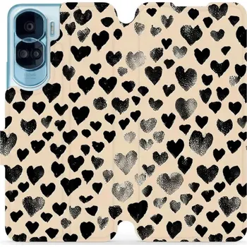 Pouzdro na mobilní telefon Flipové pouzdro Mobiwear - Honor 90 Lite - VA51S Černá srdíčka (Knížkové flip pouzdro, obal, kryt na mobil Honor 90 Lite - VA51S Černá srdíčka, materiál Umělá kůže + TPU - ochrana 360°, stojánek, silikonová vanička, magnetické zavírání)