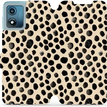 Pouzdro na mobilní telefon Flipové pouzdro Mobiwear - Motorola Moto E13 - VA50S Černé puntíky (Knížkové flip pouzdro, obal, kryt na mobil Motorola Moto E13 - VA50S Černé puntíky, materiál Umělá kůže + TPU - ochrana 360°, stojánek, silikonová vanička, magnetické zavírání)
