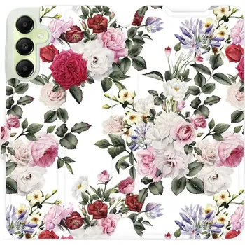 Pouzdro na mobilní telefon Flipové pouzdro Mobiwear - Samsung Galaxy A05s - MD01S Růže na bílé (Knížkové flip pouzdro, obal, kryt na mobil Samsung Galaxy A05s - MD01S Růže na bílé, materiál Umělá kůže + TPU - ochrana 360°, stojánek, silikonová vanička, magnetické zavírání)