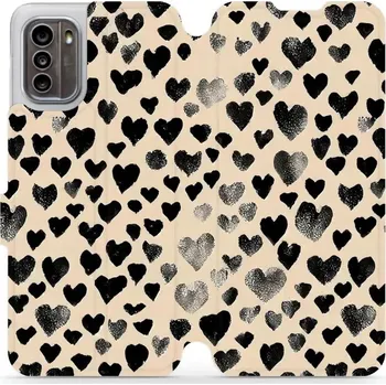 Pouzdro na mobilní telefon Flipové pouzdro Mobiwear - Nokia G60 5G - VA51S Černá srdíčka (Knížkové flip pouzdro, obal, kryt na mobil Nokia G60 5G - VA51S Černá srdíčka, materiál Umělá kůže + TPU - ochrana 360°, stojánek, silikonová vanička, magnetické zavírání)