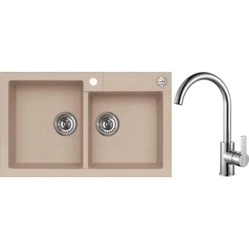 Granitový dřez Alveus Set Rock 90 Granitový dřez dvojitý 780x480 mm+ baterie Tonia, béžová, SETA543