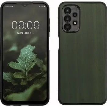 Pouzdro na mobilní telefon Dřevěné - silikonové pouzdro KWmobile na mobil Samsung Galaxy A13 4G Dark Green (Pouzdro na mobil Samsung Galaxy A13 z přírodního dřeva s ornamentem + silikonová vanička - Dark Green)