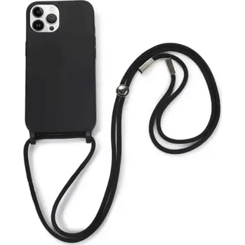 Pouzdro na mobilní telefon Gumový ochranný kryt se šňůrkou na krk pro Apple iPhone 14 Pro - černý
