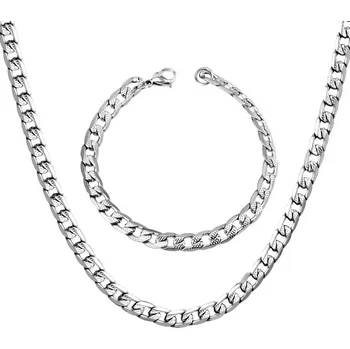 Souprava šperků Ocelový náramek a řetízek - Stříbrná,8mm,50cm a 22cm