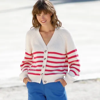 Dámský svetr Pruhovaný svetr s knoflíky režná/růžová 42/44