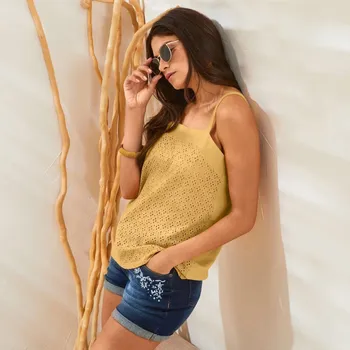 Dámské tričko Top se čtvercovým výstřihem a anglickou výšivkou šafránová 42/44