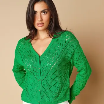 Dámský svetr Ažurový svetr se zlatými knoflíky zelená 46/48