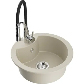 Granitový dřez Mexen Diego 1-miskový granitový dřez s kuchyňskou baterií Aster, béžová - 6512-69-73450-07