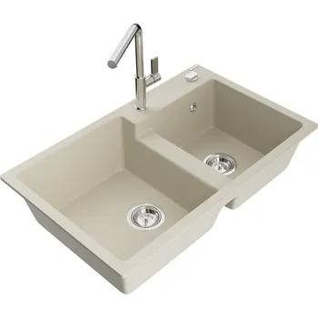 Granitový dřez Mexen Tomas 2miskový granitový dřez s kuchyňskou baterií Flora, béžová - 6516-69-670401-00