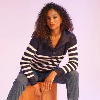 Dámský svetr Pruhovaný pulovr se stojáčkem nám.modrá/bílá 50