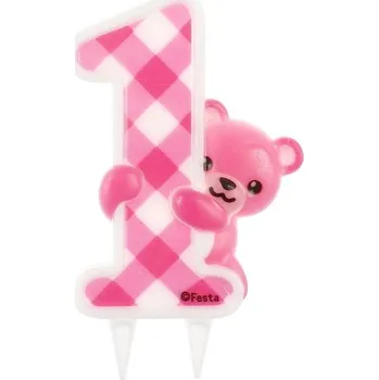 Svíčka Svíčka 1. narozeniny s medvídkem růžová 10 cm