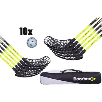 Florbalová hůl FLOORBEE Douglas 32 Black / Yellow + Toolbag + Balls Florbalová sada žlutá / černá, 100cm (=110cm), 7x levá + 3x pravá, (15 a více let)