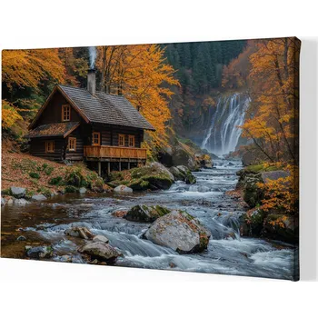 Obraz Obraz na plátně - Chatka s podzimními vodopády FeelHappy.cz Velikost obrazu: 40 x 30 cm
