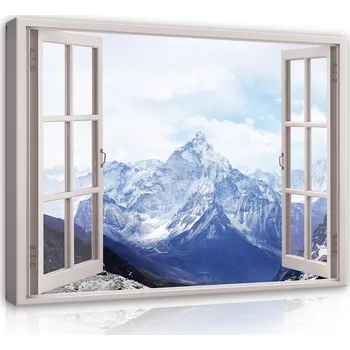 Obraz Postershop Obraz na plátne: 3D Effect Window Winter Mountains Landscape - 100x75 cm
