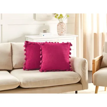 Polštář Sada 2 dekoračních polštářů fuchsiově růžová polyester 45 x 45 cm bez vzoru s bambulkami ručně vyrobené doplňky moderní styl Beliani