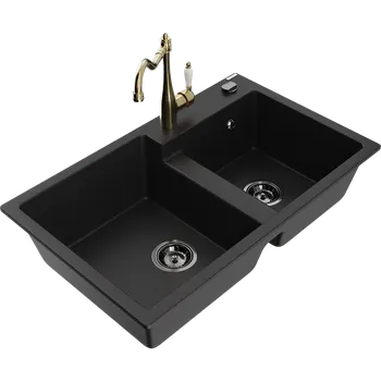Granitový dřez Mexen Tomas dřez žulový 2-komorový s kuchyňskou baterií Carla, černý - 6516-77-670700-50-B Granitové dřezy s baterií