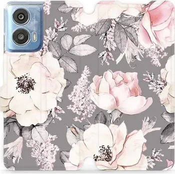 Pouzdro na mobilní telefon Flipové pouzdro Mobiwear - Motorola Moto G24 Power - MX06S Květy na šedém pozadí (Knížkové flip pouzdro, obal, kryt na mobil Motorola Moto G24 Power - MX06S Květy na šedém pozadí, materiál Umělá kůže + TPU - ochrana 360°, stojánek, silikonová vanička,)