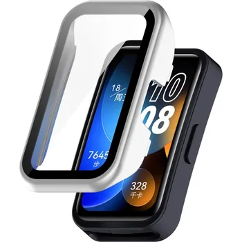 Příslušenství k chytrým hodinkám VSECHNONAMOBIL 78887 PC FULL COVER Plastový kryt se sklem pro Huawei Band 8 / 9 stříbrný