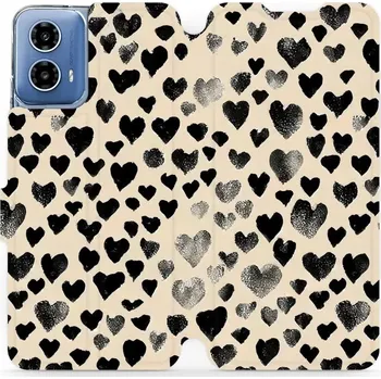 Pouzdro na mobilní telefon Flipové pouzdro Mobiwear - Motorola Moto G34 5G - VA51S Černá srdíčka (Knížkové flip pouzdro, obal, kryt na mobil Motorola Moto G34 5G - VA51S Černá srdíčka, materiál Umělá kůže + TPU - ochrana 360°, stojánek, silikonová vanička, magnetické zavírání)