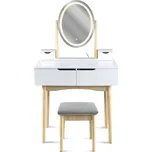 Toaletní stolek se zrcadlem LED a šedým taburetem Stylo SCANDI - bílý / světlý buk