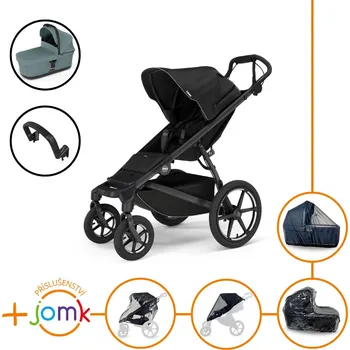 Kočárek Set 7v1 Thule Urban Glide 4-wheel Black 2024 + madlo + korbička Mid blue + JOMK příslušenství