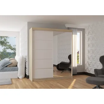 Šatní skříň Skříň s posuvnými dveřmi a zrcadlem 180 cm - Olivier Barva: dub Sonoma/Bílá