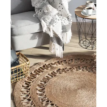 Koberec Koberec béžová juta 120 x 120 cm strojově tkaný kulatý, boho styl s nízkým vlasem Beliani