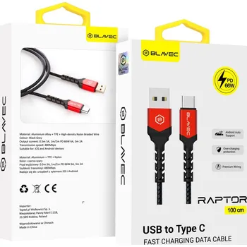 Náhradní díl pro mobilní telefon Datový kabel Blavec Raptor Braided - USB na typ C - PD 66W 6A 1m (CRA-UC6BR10) černo-červený