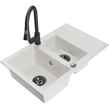 Granitový dřez Mexen Gaspar granitový dřez 1,5-komorový s odkapávačem a kuchyňskou baterií Elia, bílý - 6507-20-670101-70 Granitové dřezy s baterií