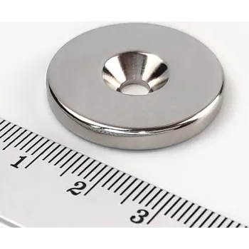 Dekorativní magnet Neodymový magnet válec 27x4 mm s dírou M4 - jižní pól na straně s prohlubní - N38