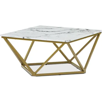Konferenční stolek Stůl konferenční, MDF deska s dekorem bílý mramor, zlatý matný kovový rám.