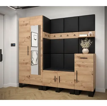 Předsíňová stěna Předsíňová stěna se zrcadlem Artin 13 - dub Artisan Barva: Černá Ekokůže