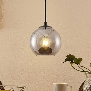 Lindby Jurian závěsné svítidlo 1 světlo, černá/kouřová - Stropní držák - Ø 12 cm, výška 2,5 cm; výška stínidla 17,5 cm pískově černá, kouřové sklo 1 x 15 W LED - Doprava zdarma